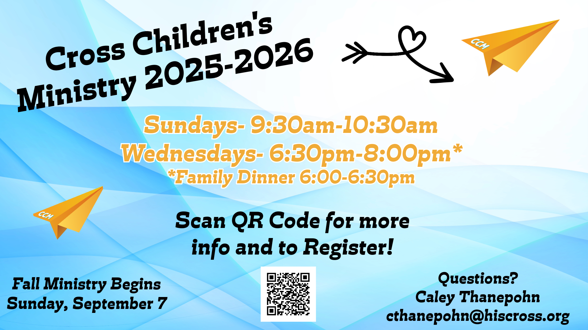 Children's Ministry registration graphic - wavy blues and whites with paper airplane graphics